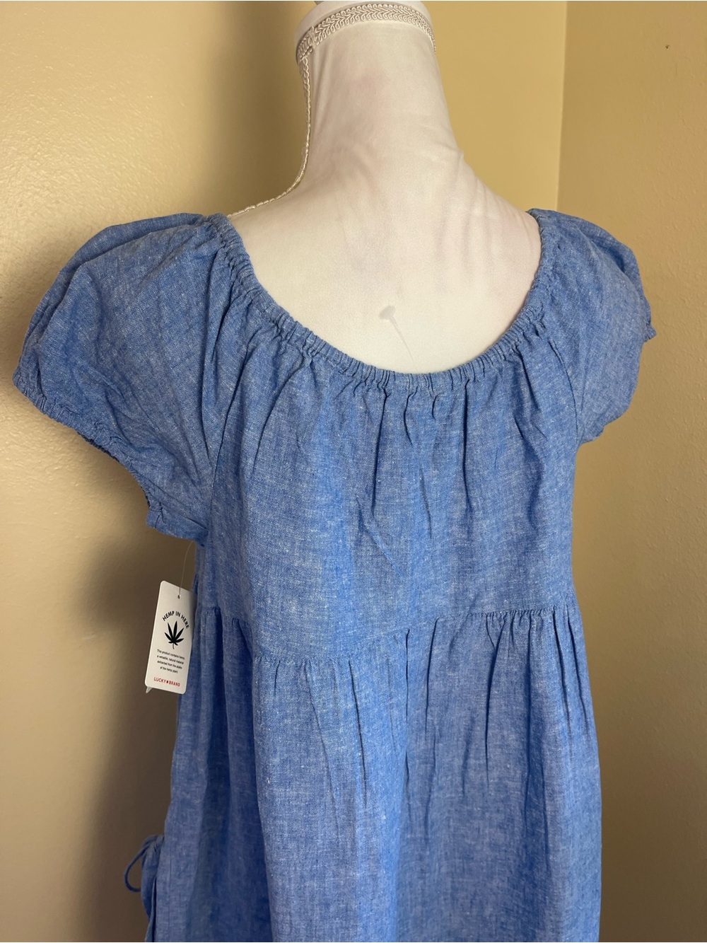 Lucky Brand Blue Casual Mini Dress Hemp Cotton Coastal Puff Sleeves Summer L NWT - Picture 9 of 14